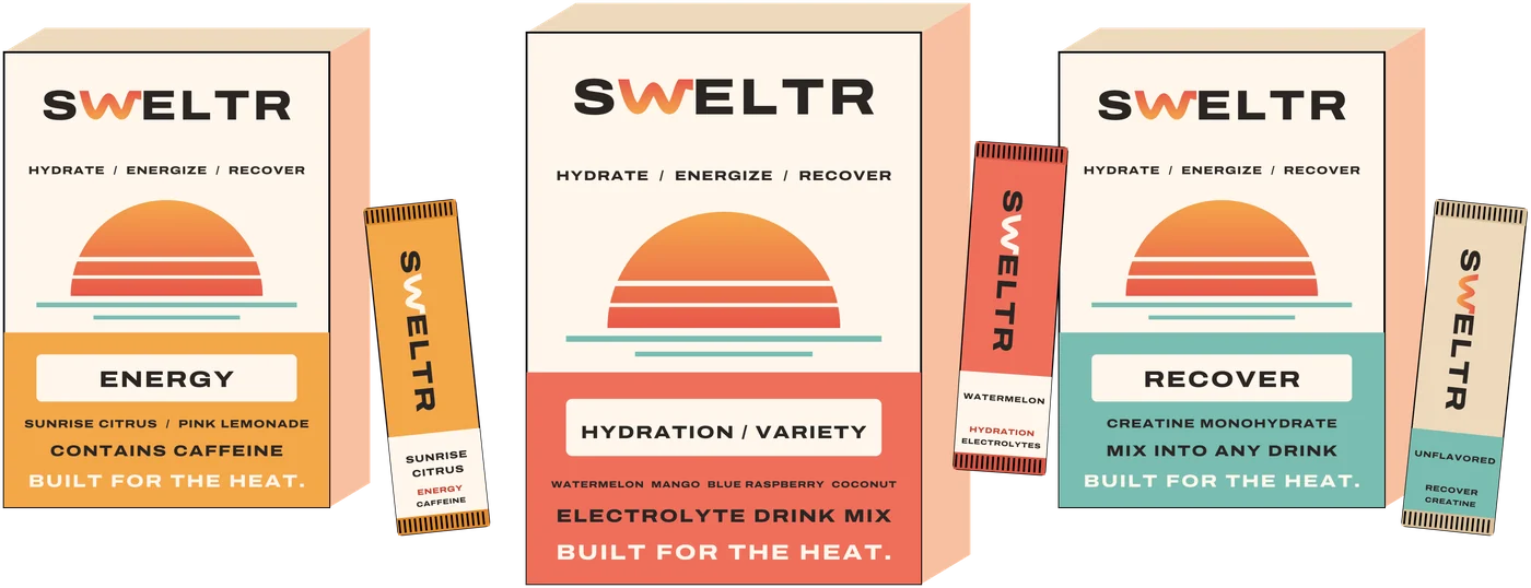 SWELTR Energy, Hydration and Recover boxes with single-serve sticks